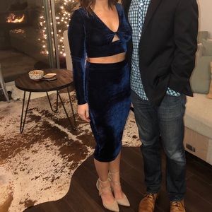 Navy Blue Velvet two piece midi dress.